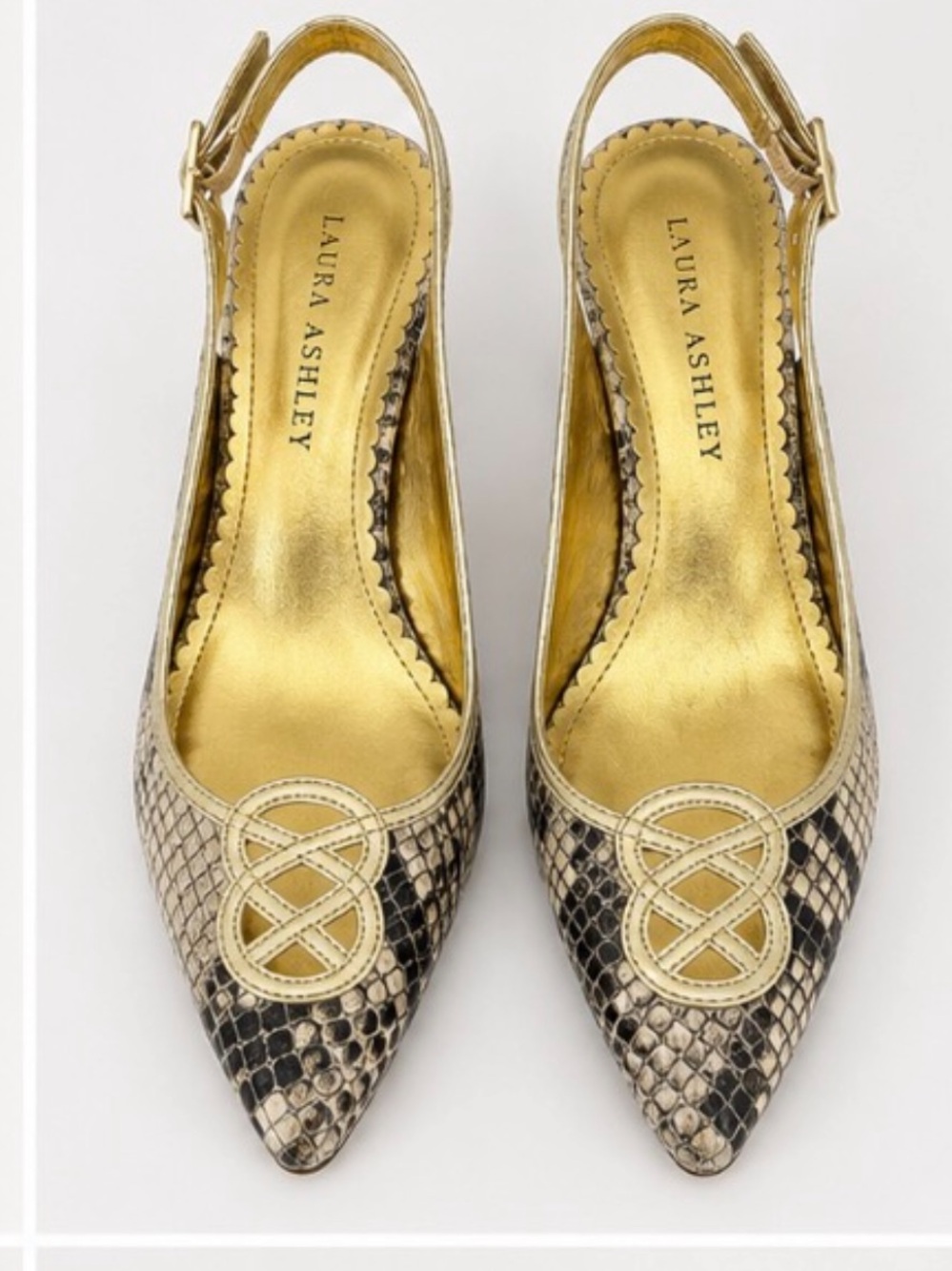 Laura Ashley Metallic Gold Snake-Print Slingback Heels